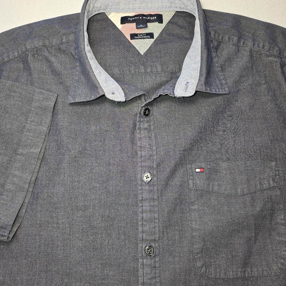 Tommy Hilfiger Shirt Mens XL Gray Slim Fit SS Button Down Casual‎ Preppy